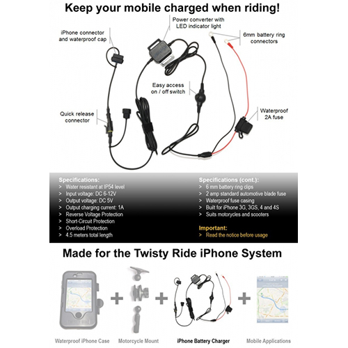 iPhone 3 & 4 oplader voor motorfietsen